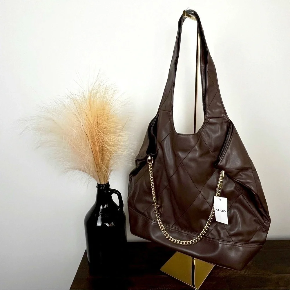 Aldo Vegan Leather Hobo Bag w/ Gold Hardware. Brown. Large. #556